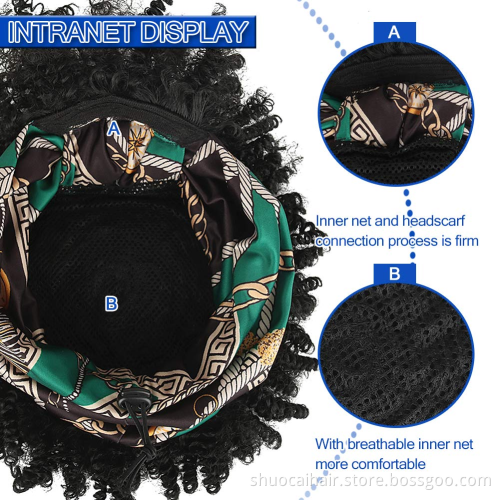 SC Hot Selling Curly Wigs for Black Women Short Afro Kinky Curly Headbands Cheap Scarf Wig Turban Drawstring Afro High Puff